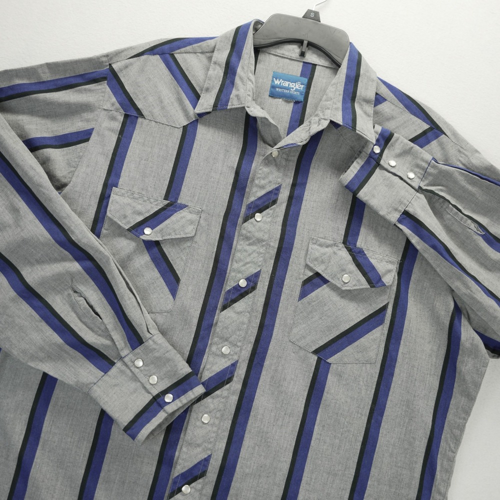 Wrangler‎ Western Shirt Mens XL Grey Blue Black Striped Pearl Snap Long Sleeve